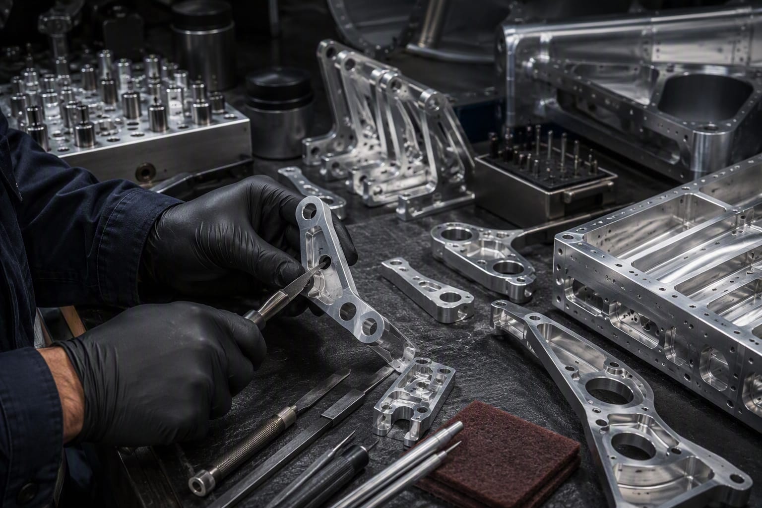Technician hand-deburring a machined aluminum bracket at a bench