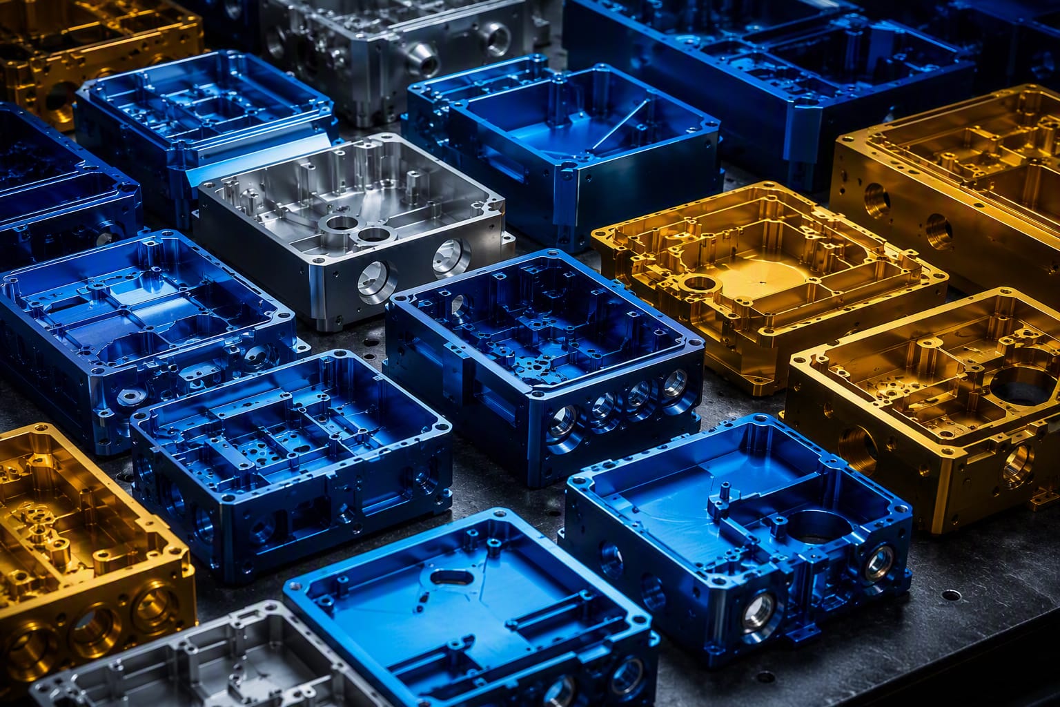 Rows of machined aluminum housings in blue and gold anodize